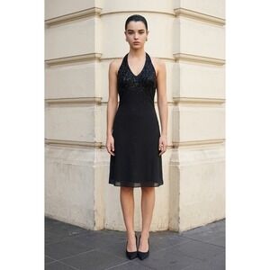 Cachet Black Beaded Halter Neckline Sheath Dress Size 6 Evening Cocktail